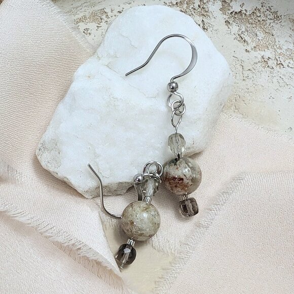 Dainty Phantom Quartz Orange Tan Rustic handmade Earrings - Picture 3 of 3